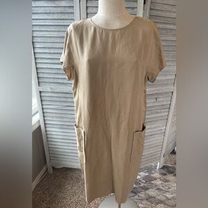 J Jill Silk Linen Shift Boxy Dress Drop Shoulder Front Patch Pockets Khaki Sz L